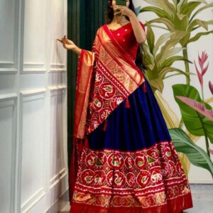 Women's Stitched Tussar Silk Patola Print Lehenga Choli Dupatta Set